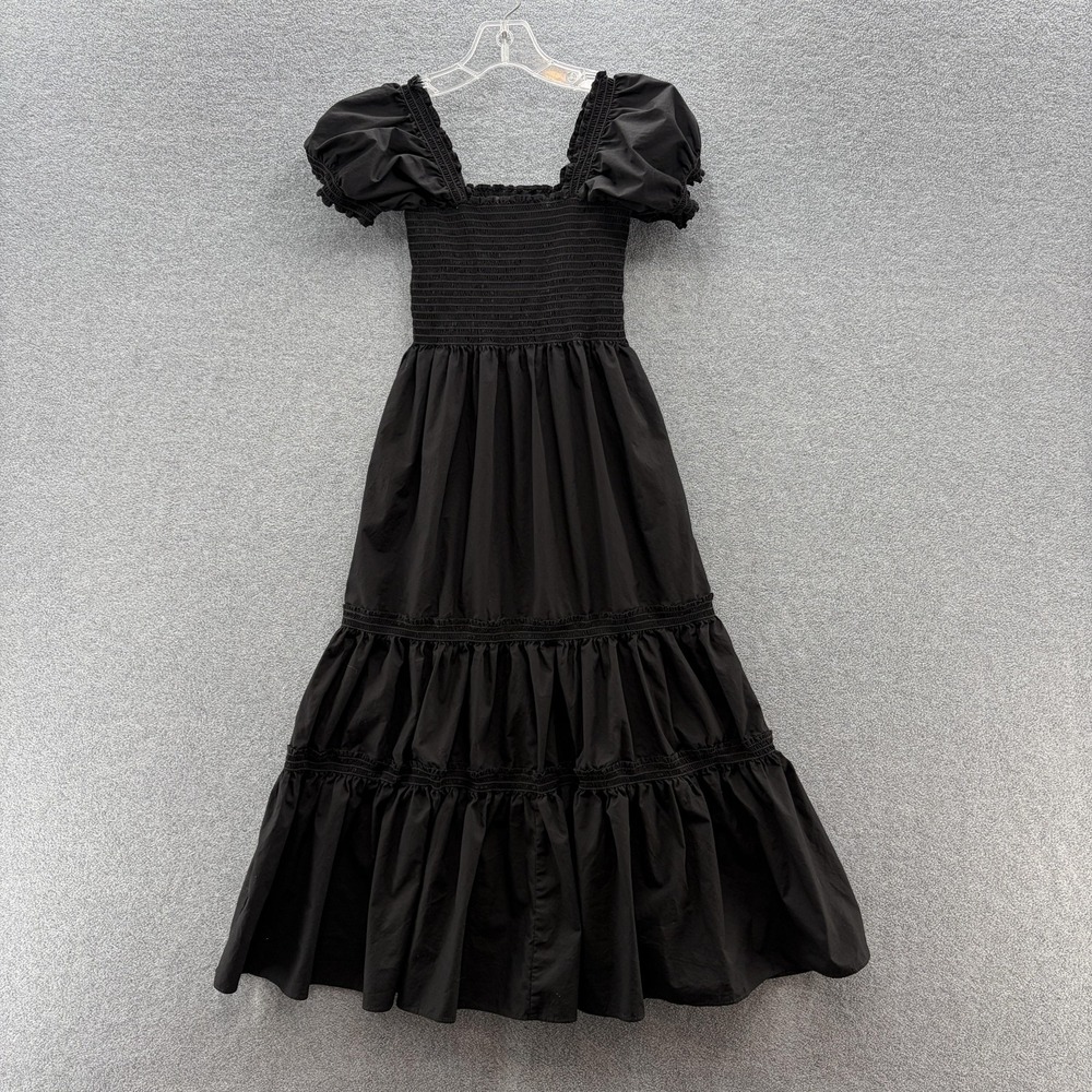OPT Dress Small Black Smocked Puff Sleeve Square Neck Tiered Boho Maxi Cotton